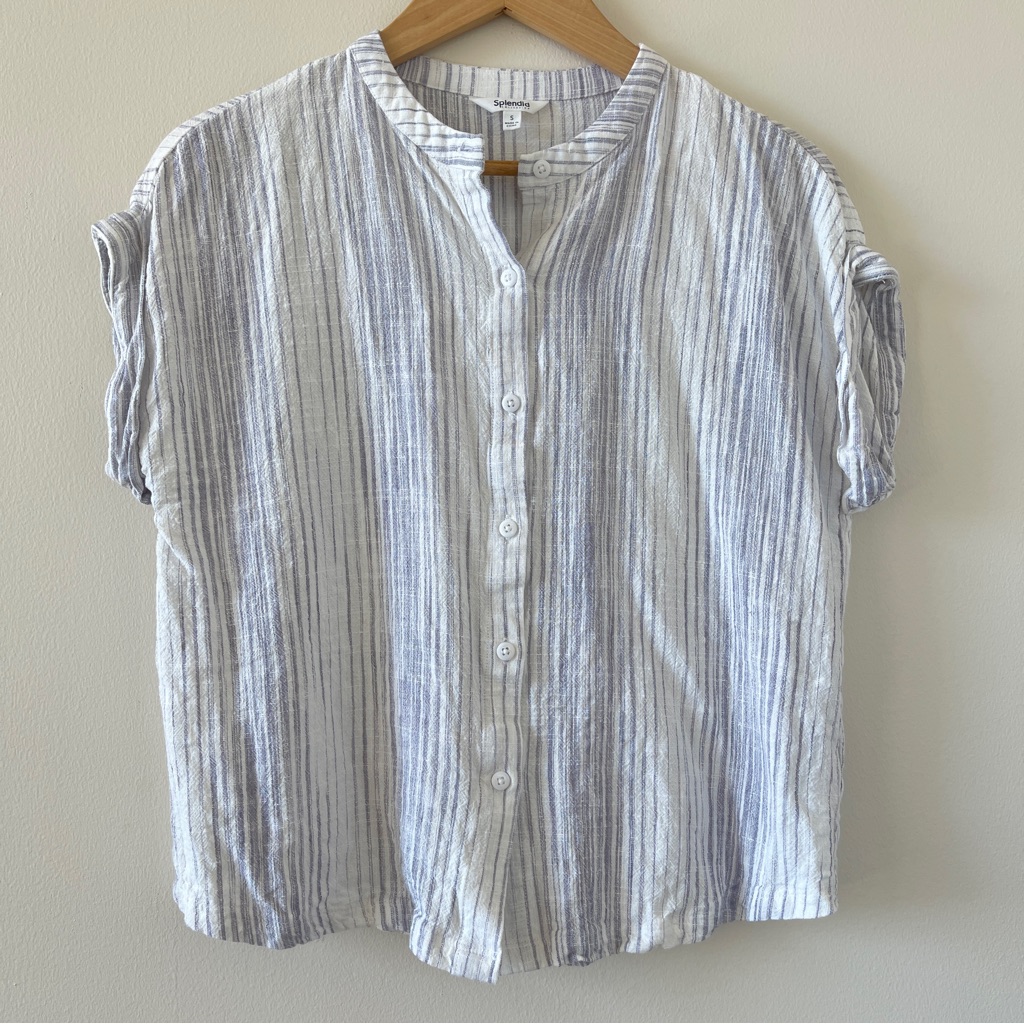 Splendid Button Down Cap Sleeve Shirt In Oyster With Light Purple Stripe